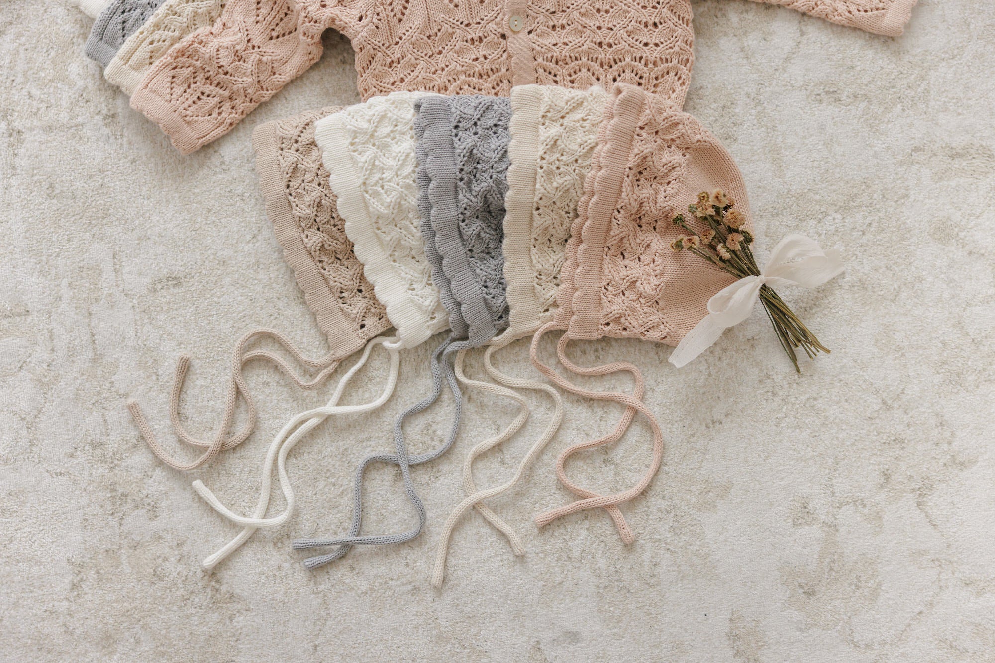 Eyelet Knit Cropped Cardigan + Bonnet Set - Rose