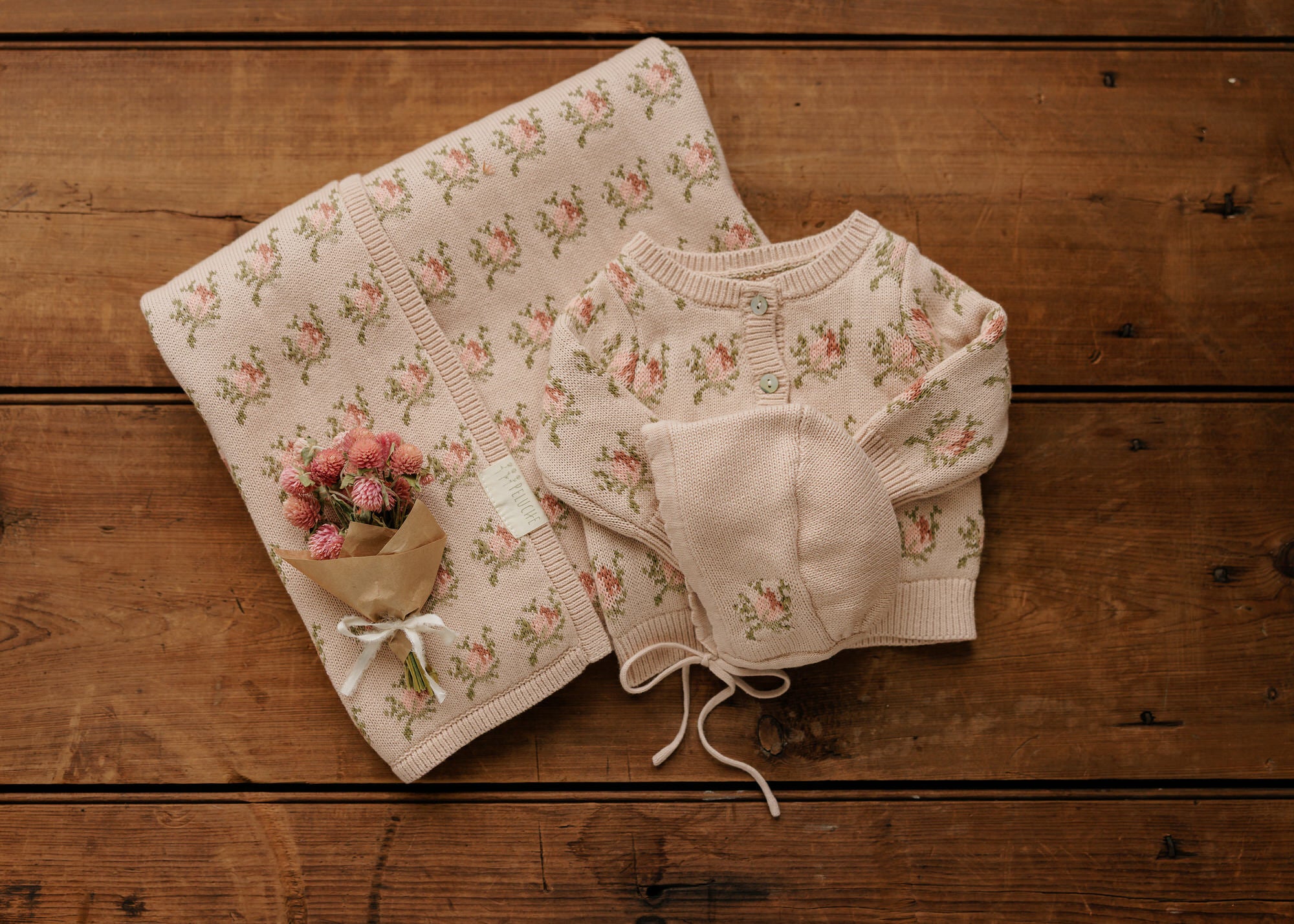 Floral Intarsia Knit Blanket - Rose