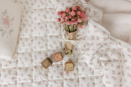 Blossom Quilted Blanket / Crochet Trim + Square Pillow - Rose
