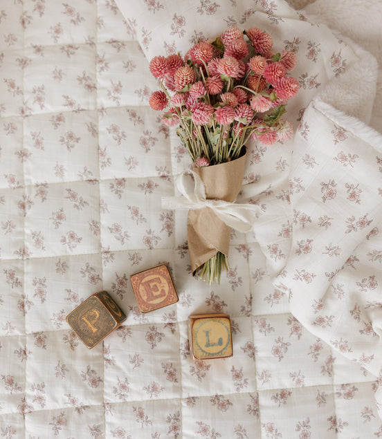 Blossom Quilted Blanket / Crochet Trim + Square Pillow - Rose