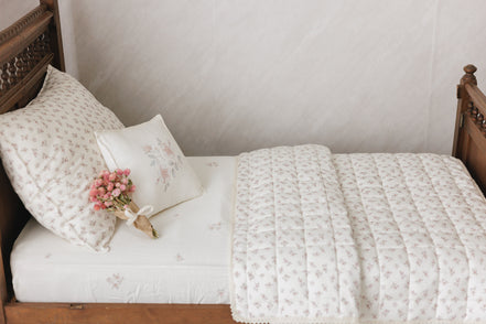 Blossom Quilted Blanket / Crochet Trim + Square Pillow - Rose