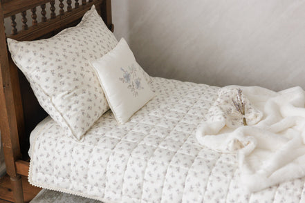 Blossom Quilted Blanket / Crochet Trim + Square Pillow - Powder