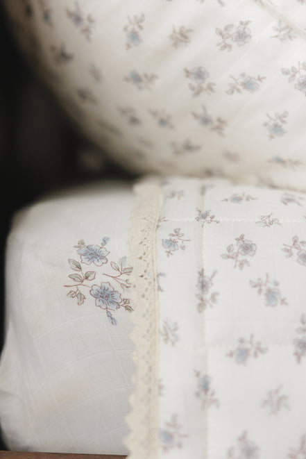 Blossom Quilted Blanket / Crochet Trim + Square Pillow - Powder