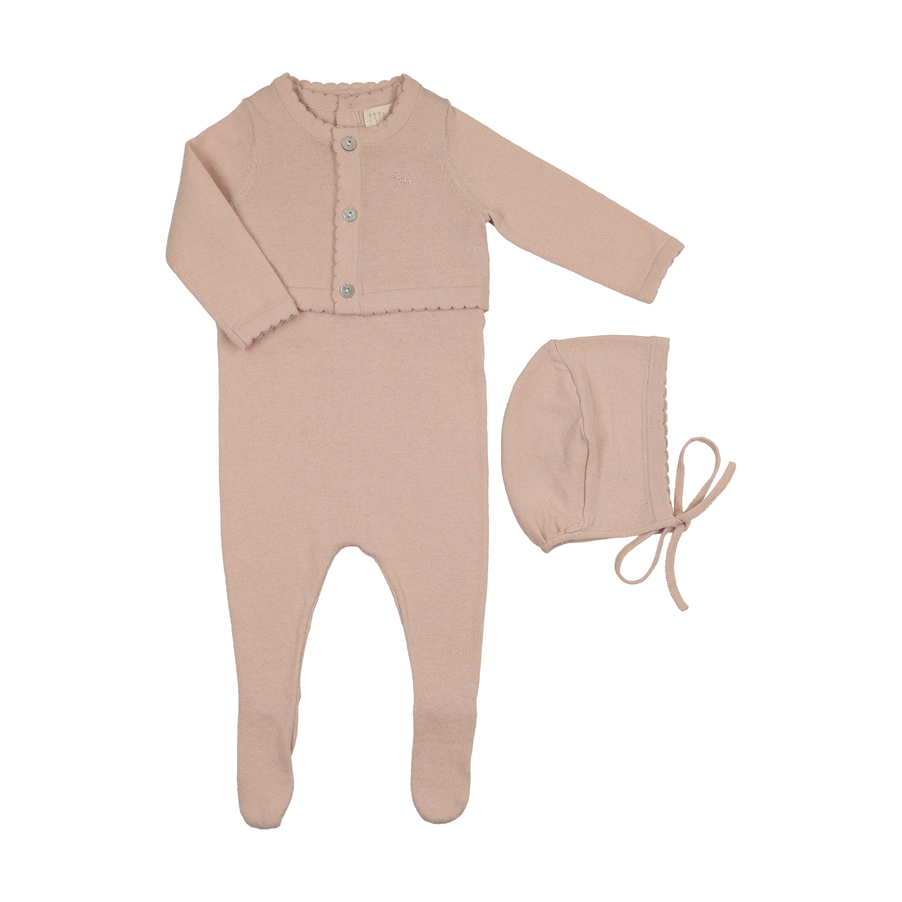 Knit Jumpsuit + Cropped Cardigan + Bonnet Set - Rose