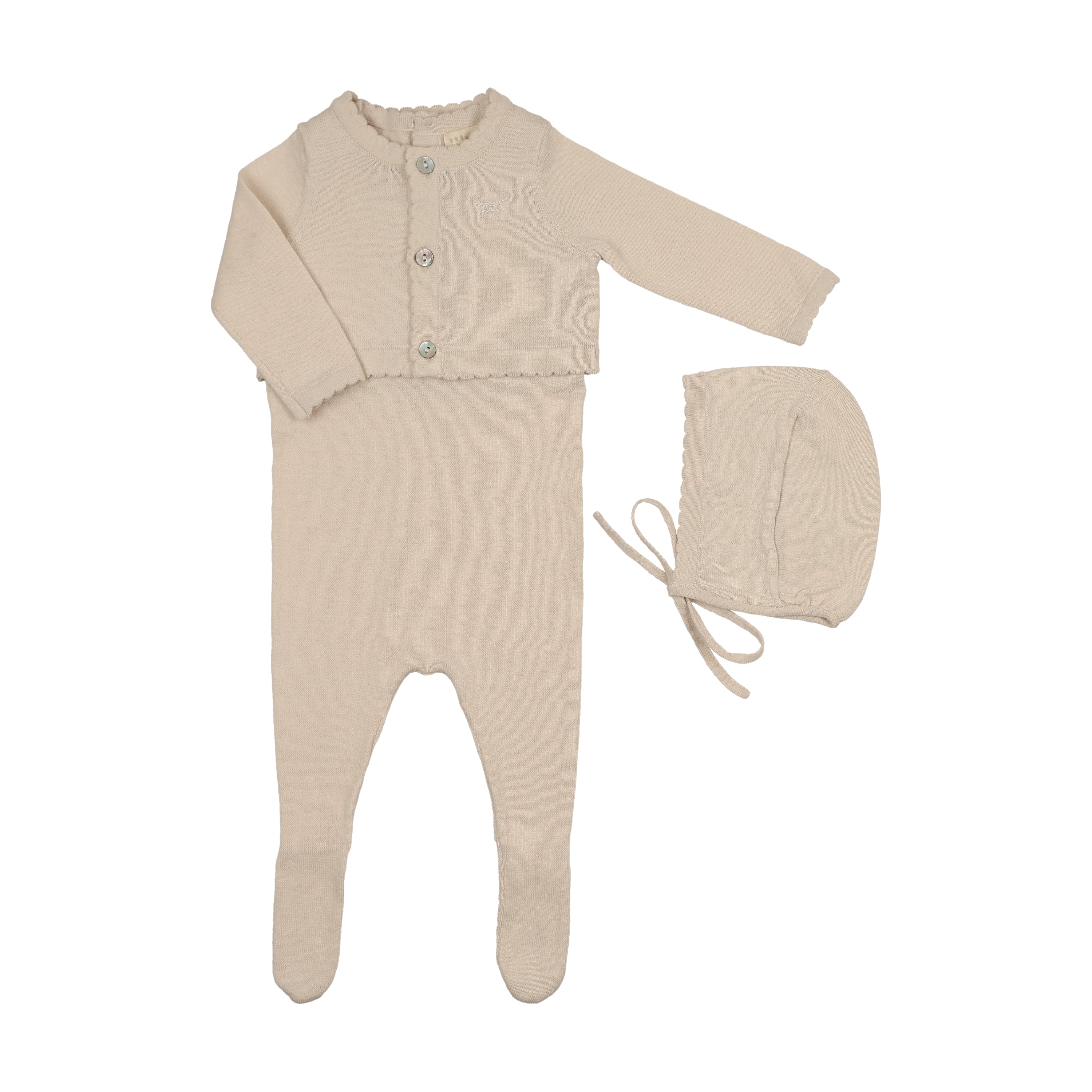 Knit Jumpsuit + Cropped Cardigan + Bonnet Set - Stone