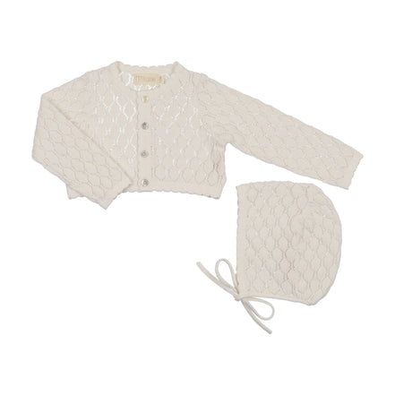 Knit Pointelle Cropped Cardigan + Bonnet Set - Cream