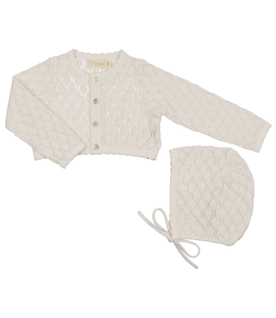 Knit Pointelle Cropped Cardigan + Bonnet Set - Cream