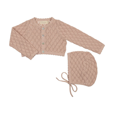 Knit Pointelle Cropped Cardigan + Bonnet Set - Rose