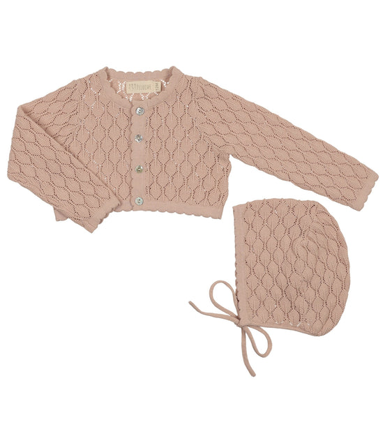 Knit Pointelle Cropped Cardigan + Bonnet Set - Rose