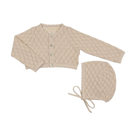 Knit Pointelle Cropped Cardigan + Bonnet Set - Stone