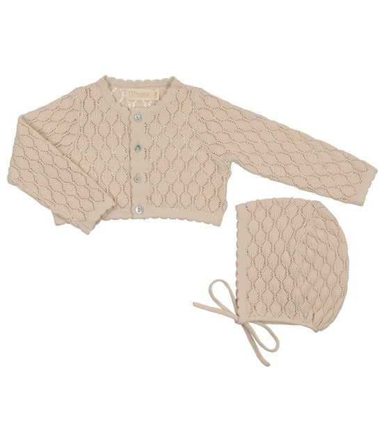 Knit Pointelle Cropped Cardigan + Bonnet Set - Stone