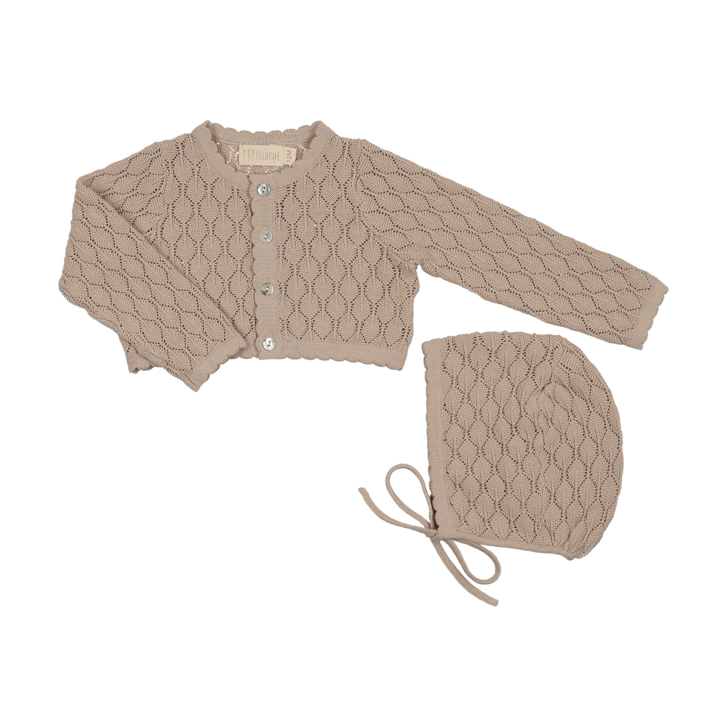 Knit Pointelle Cropped Cardigan + Bonnet Set - Taupe