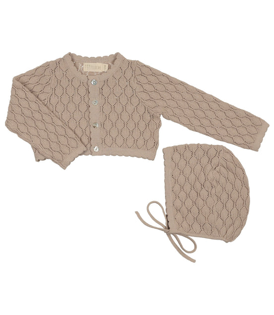 Knit Pointelle Cropped Cardigan + Bonnet Set - Taupe