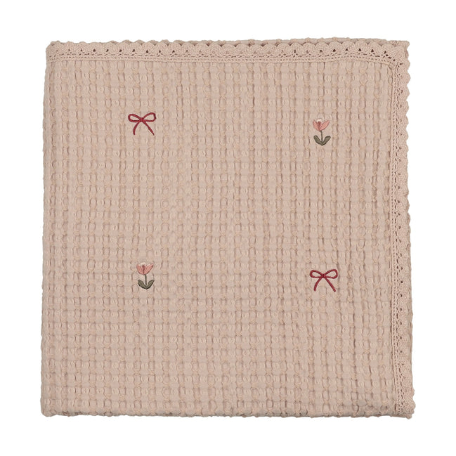TulipsnBows Embroidered Waffle Blanket - Rose