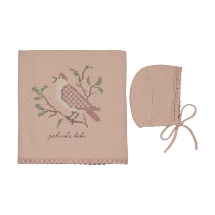 Knit Cross Stitch Blanket and Bonnet - Rose