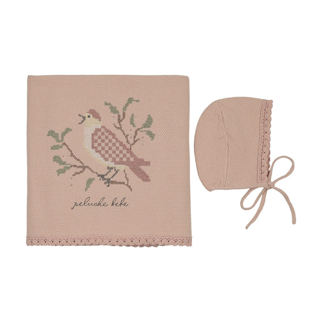 Knit Cross Stitch Blanket and Bonnet - Rose