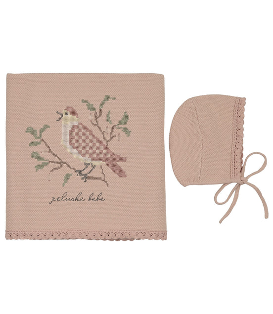 Knit Cross Stitch Blanket and Bonnet - Rose