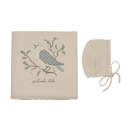 Knit Cross Stitch Blanket and Bonnet - Stone Blue