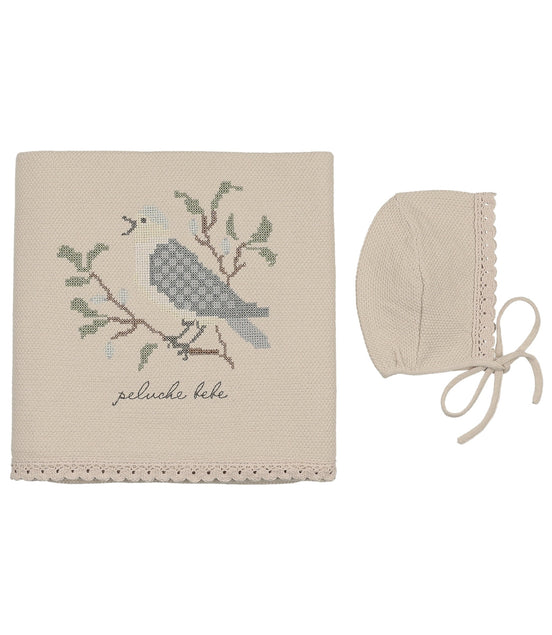 Knit Cross Stitch Blanket and Bonnet - Stone Blue