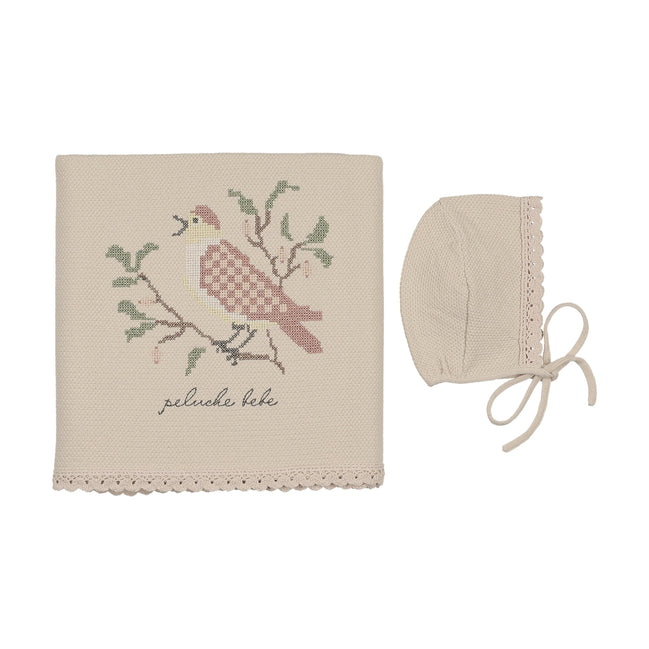 Knit Cross Stitch Blanket and Bonnet - Stone Rose