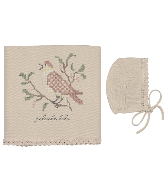 Knit Cross Stitch Blanket and Bonnet - Stone Rose