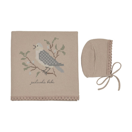 Knit Cross Stitch Blanket and Bonnet - Taupe