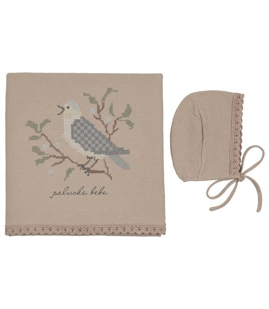 Knit Cross Stitch Blanket and Bonnet - Taupe