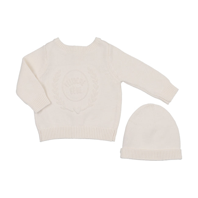 Embossed Reversible Cardigan + Beanie Set - Cream