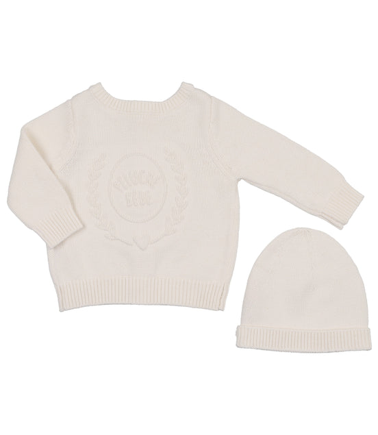 Embossed Reversible Cardigan + Beanie Set - Cream