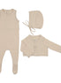 Knit Jumpsuit + Cropped Cardigan + Bonnet Set - Stone