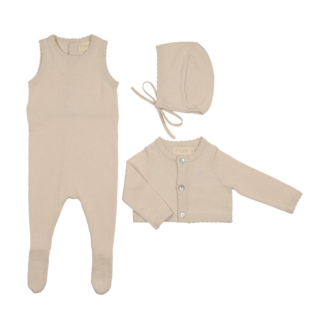 Knit Jumpsuit + Cropped Cardigan + Bonnet Set - Stone