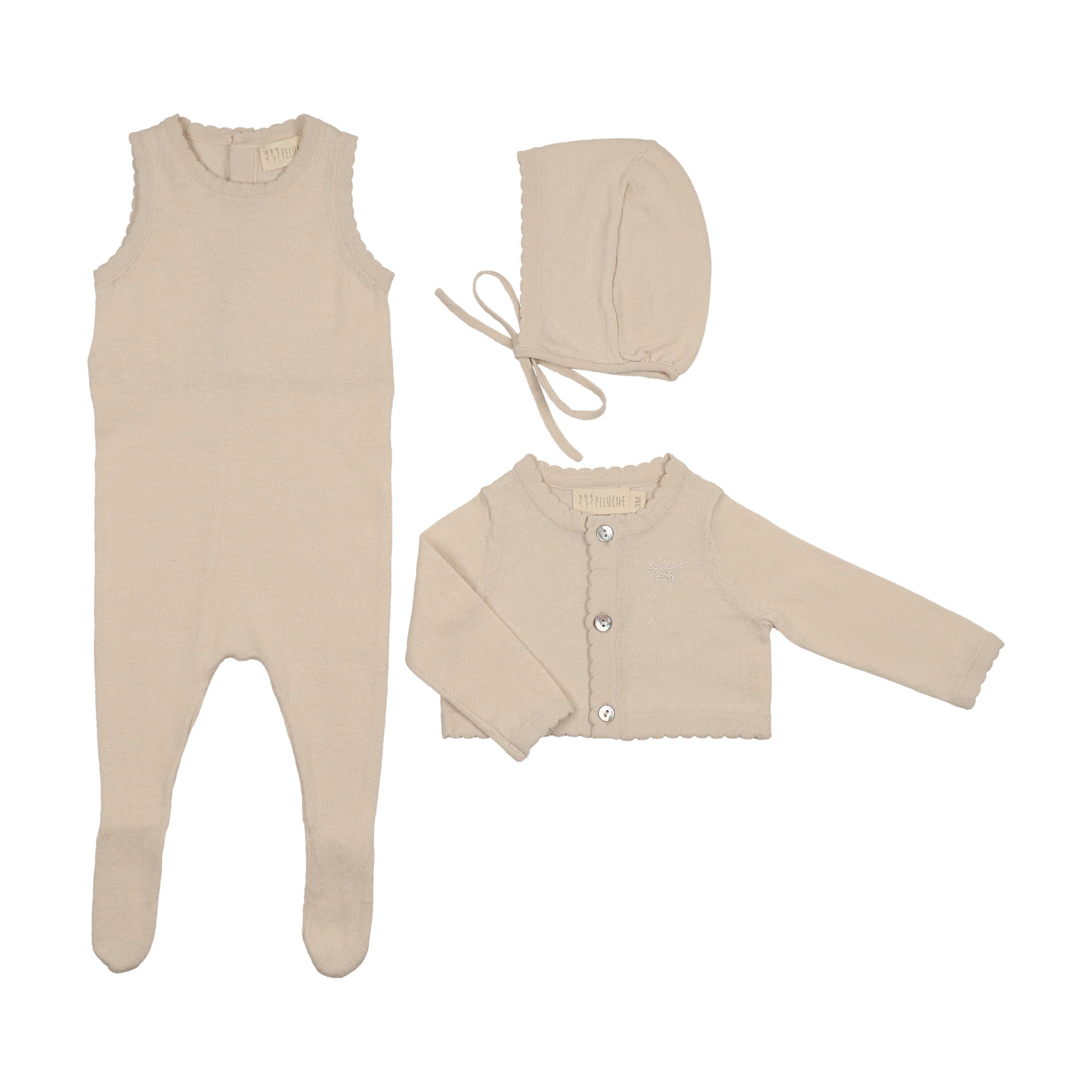 Knit Jumpsuit + Cropped Cardigan + Bonnet Set - Stone