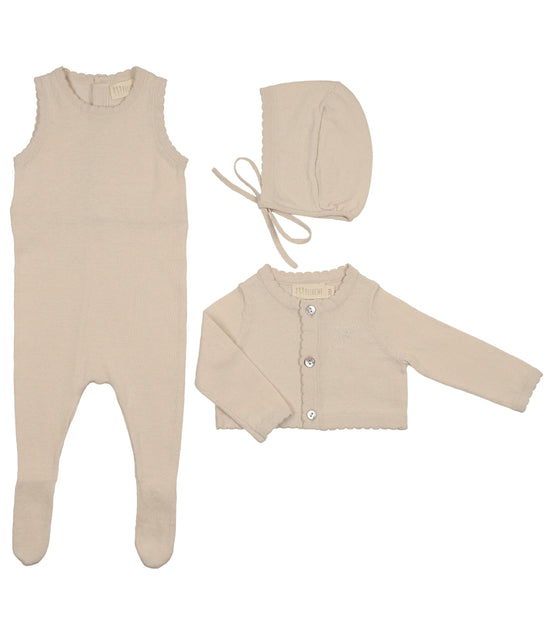 Knit Jumpsuit + Cropped Cardigan + Bonnet Set - Stone