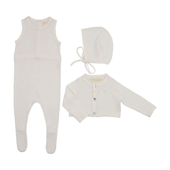 Knit Jumpsuit + Cropped Cardigan + Bonnet Set - Cream