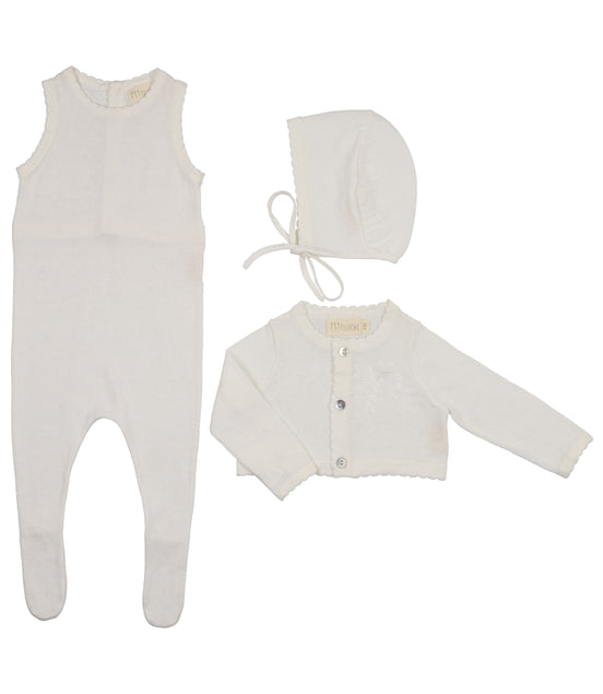Knit Jumpsuit + Cropped Cardigan + Bonnet Set - Cream