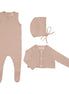 Knit Jumpsuit + Cropped Cardigan + Bonnet Set - Rose
