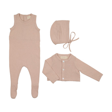 Knit Jumpsuit + Cropped Cardigan + Bonnet Set - Rose