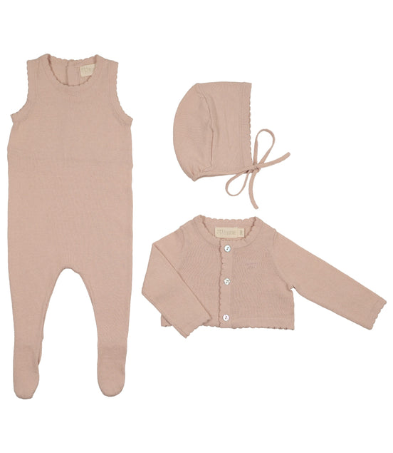 Knit Jumpsuit + Cropped Cardigan + Bonnet Set - Rose