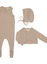 Knit Jumpsuit + Cropped Cardigan + Bonnet Set - Taupe