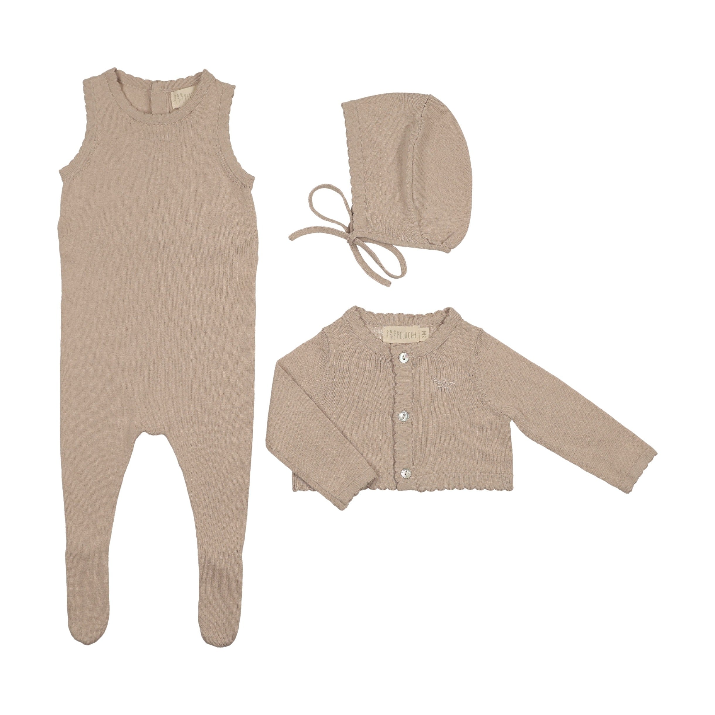 Knit Jumpsuit + Cropped Cardigan + Bonnet Set - Taupe