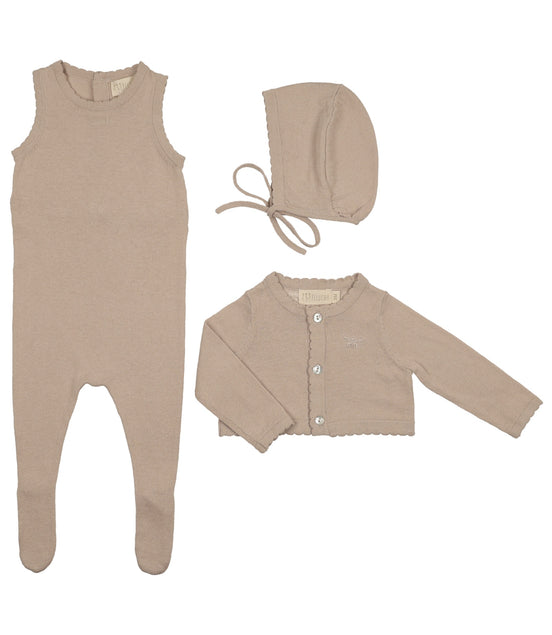 Knit Jumpsuit + Cropped Cardigan + Bonnet Set - Taupe