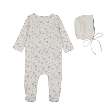 Floral Footie + Bonnet + Swaddle - Blue