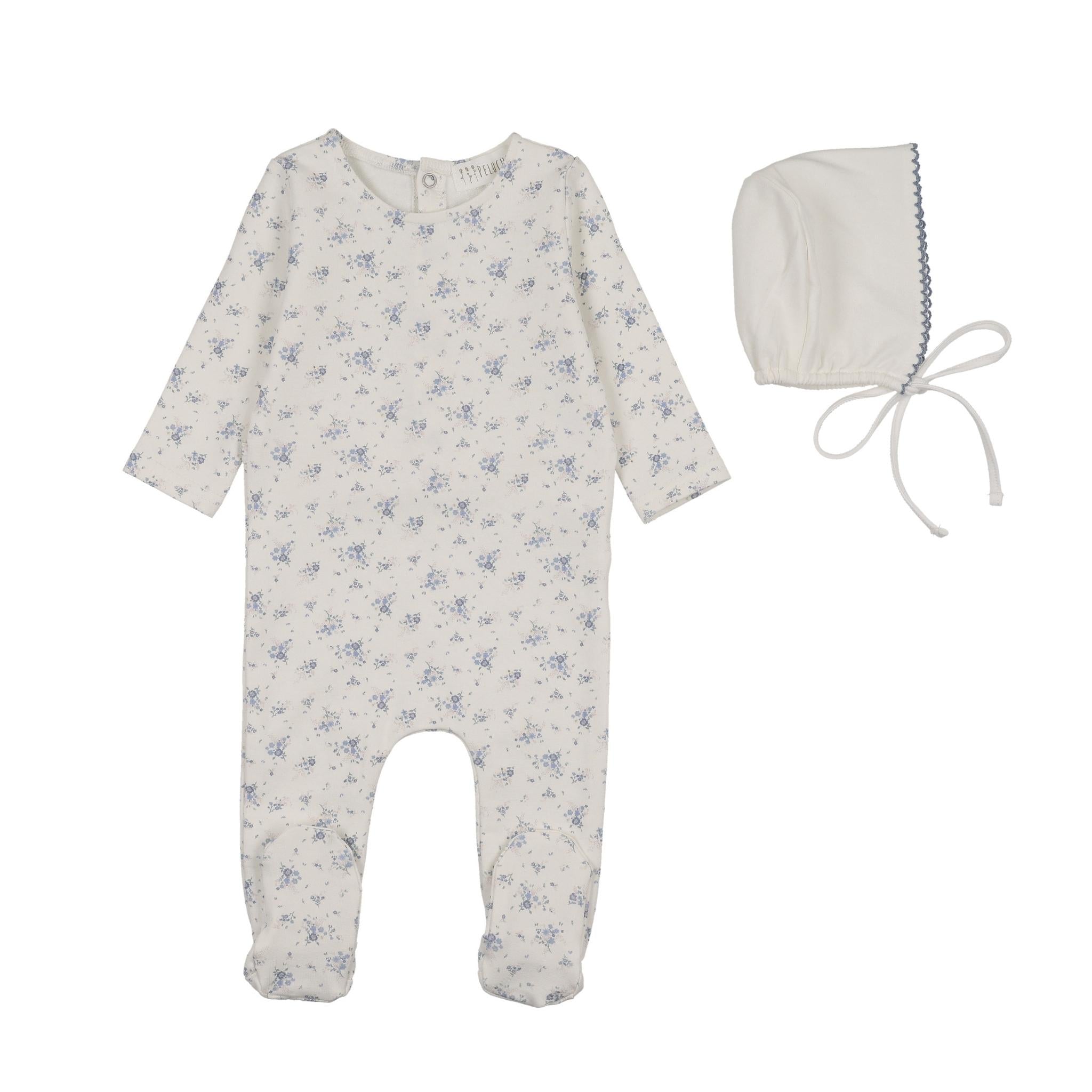 Floral Footie + Bonnet + Swaddle - Blue