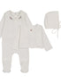 Footie with Emb Collar + Cardigan + Bonnet - Cream/Berry