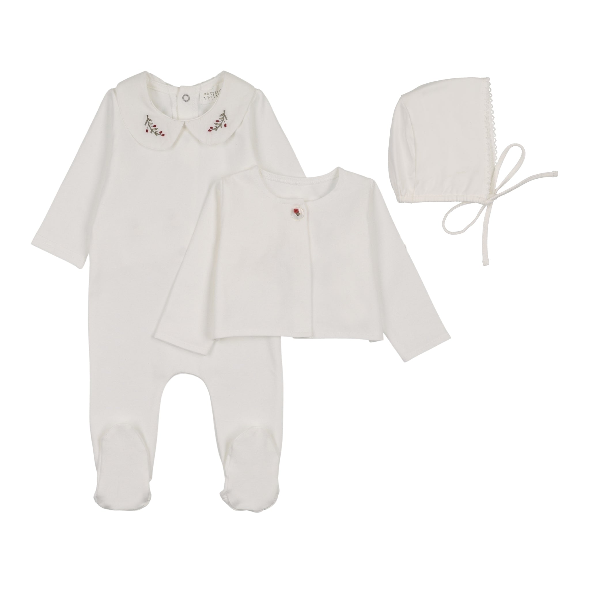 Footie with Emb Collar + Cardigan + Bonnet - Cream/Berry