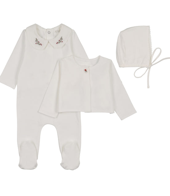 Footie with Emb Collar + Cardigan + Bonnet - Cream/Berry