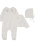 Footie with Emb Collar + Cardigan + Bonnet - Cream/Olive
