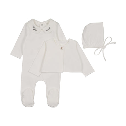 Footie with Emb Collar + Cardigan + Bonnet - Cream/Olive