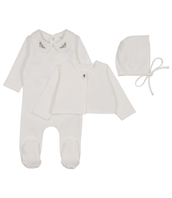 Footie with Emb Collar + Cardigan + Bonnet - Cream/Olive