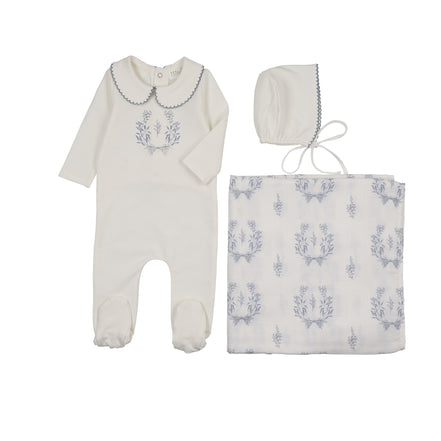 Botanical Footie with Collar + Bonnet + Swaddle - Blue